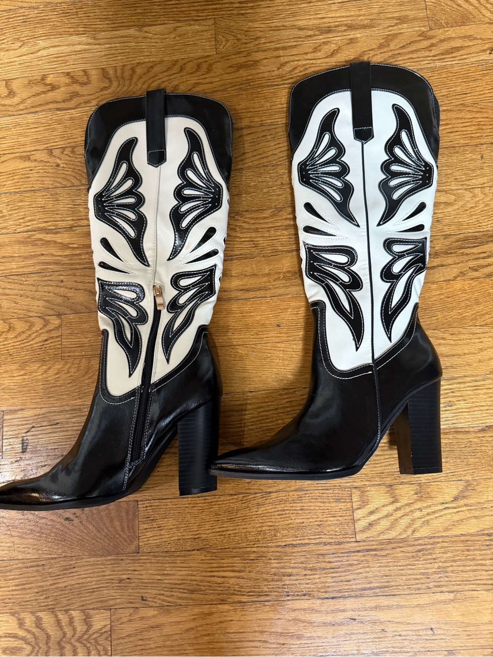 Women's Black and White Western Block-Heel Knee Boots